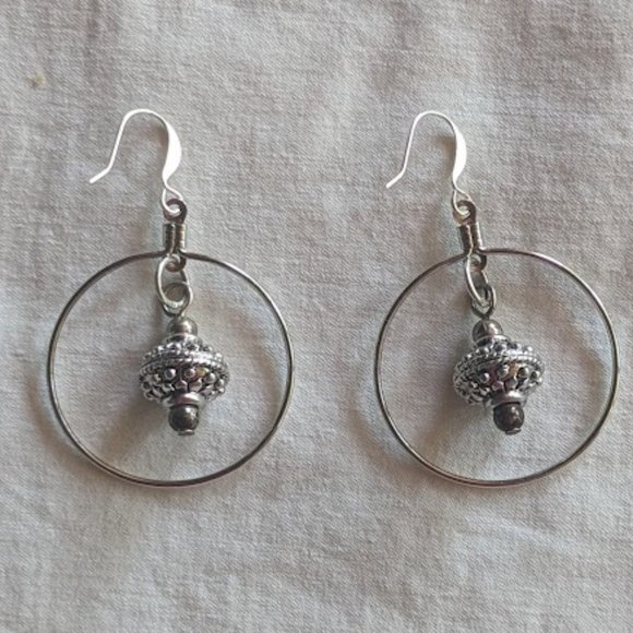 Hand Made Silver-Tone Hoop Drop Earrings - Picture 1 of 4